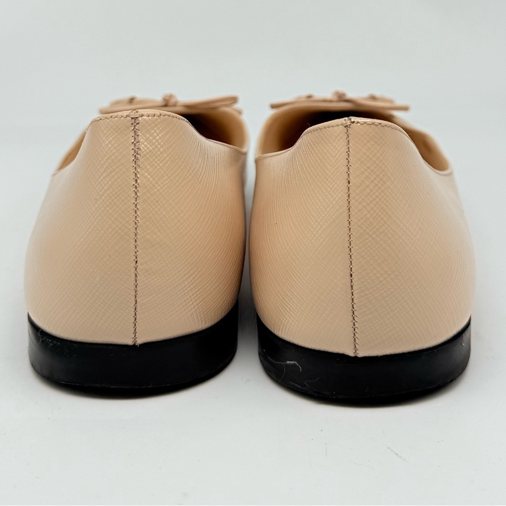 Prada Beige/ Nude Saffiano Leather Logo bowtie embellished Ballet flats EU 37.5 - Picture 5 of 8